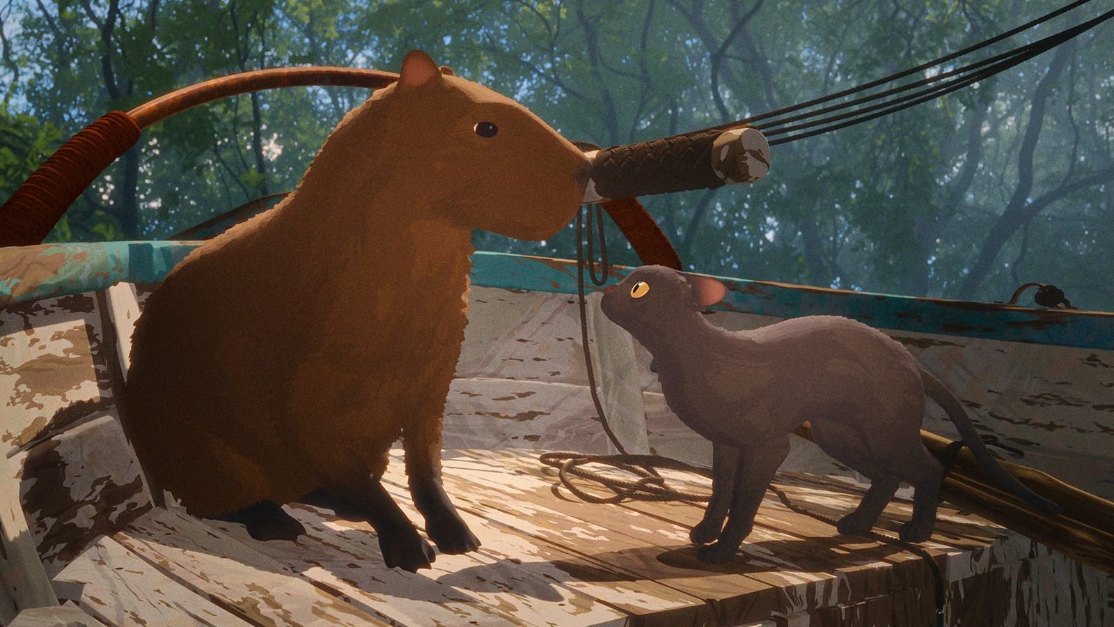 A shot of an animated capybara and cat looking at each other while sitting on a boat.