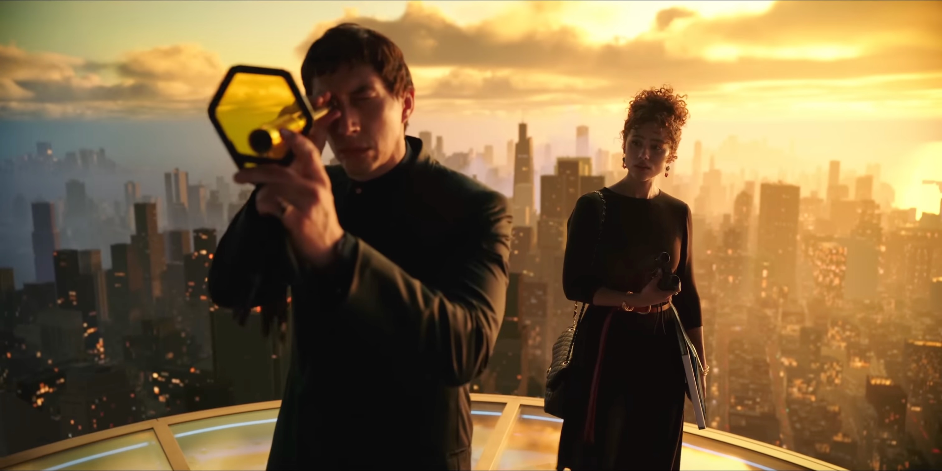 A shot of Adam Driver and Nathalie Emmanuel in Megalopolis